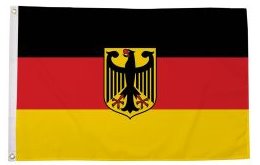 Deutsche Flagge mit schwarzem, rotem und gelbem Streifen sowie Wappen in der Mitte.