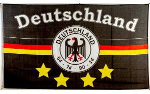 Schwarz-rote Deutschland-Fahne mit Aufschrift „Deutschland“, Adler-Emblem, gelben Sternen und Deutschlandfarben.