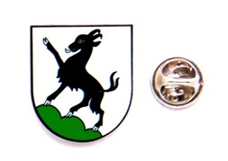 Wappen mit springendem schwarzen Löwen und grünem Schildfuß, daneben ein rundes Abzeichen mit Adler.