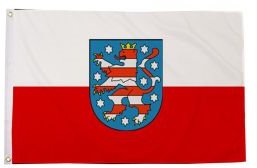 Weiße und rote Flagge mit blauem Wappen in der Mitte, darunter stilisierte Löwen und Sterne.