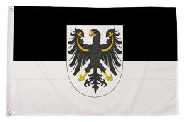Schwarz-weißes Wappenbanner mit Adler und goldenen Details auf schwarzem und weißem Hintergrund.