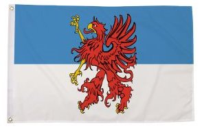 Blau-weißes Wappenbanner mit rotem Löwen und goldener Krone, stilisiertem Löwenkopf und Schweif.
