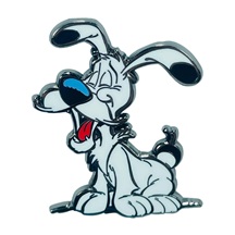 Cartoonhund mit blauen Augen, sitzt und bellt, schwarzweiße Illustration.